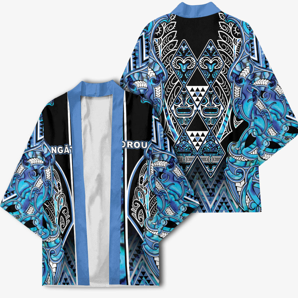 Aotearoa Ngati Porou Kimono Maori Light Blue Tribal Paua Shell Pattern DT05 - Polynesian Pride