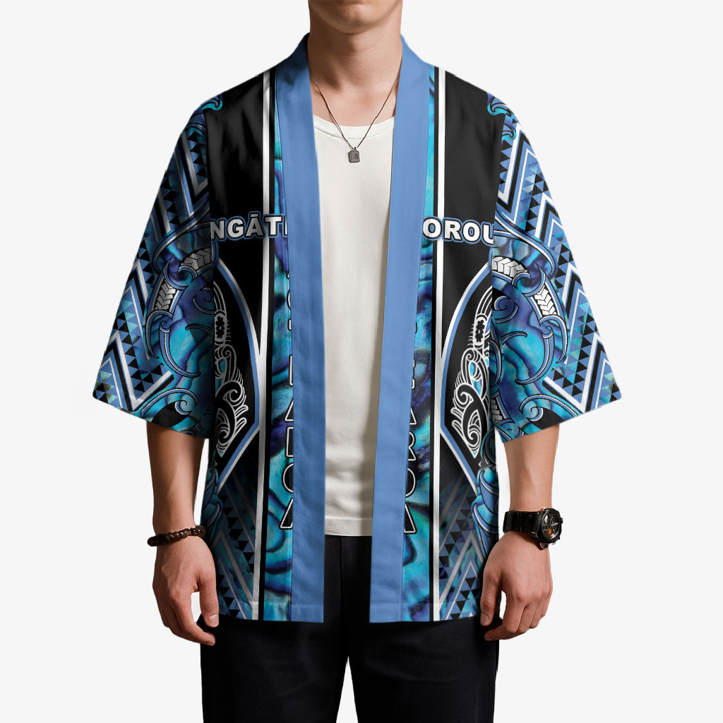 Aotearoa Ngati Porou Kimono Maori Light Blue Tribal Paua Shell Pattern DT05 - Polynesian Pride