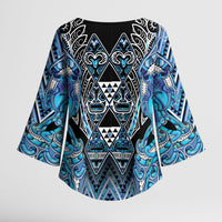 Aotearoa Ngati Porou Kimono Sleeve Blouse Maori Light Blue Tribal Paua Shell Pattern DT05 - Polynesian Pride
