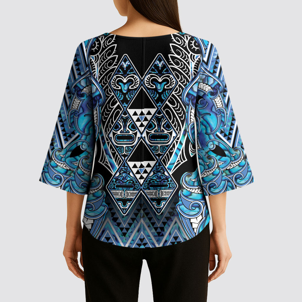 Aotearoa Ngati Porou Kimono Sleeve Blouse Maori Light Blue Tribal Paua Shell Pattern DT05 - Polynesian Pride