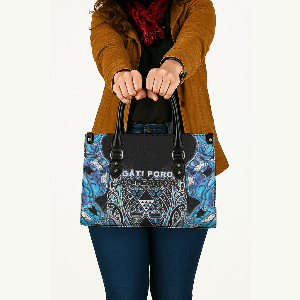 Aotearoa Ngati Porou Leather Bag Maori Light Blue Tribal Paua Shell Pattern DT05 - Polynesian Pride