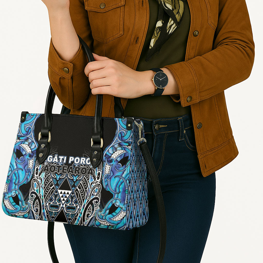 Aotearoa Ngati Porou Leather Bag Maori Light Blue Tribal Paua Shell Pattern DT05 - Polynesian Pride