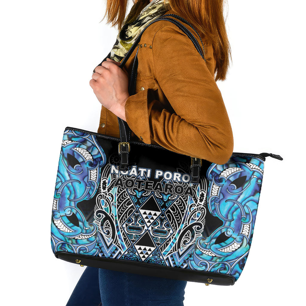 Aotearoa Ngati Porou Leather Tote Bag Maori Light Blue Tribal Paua Shell Pattern DT05 Blue - Polynesian Pride