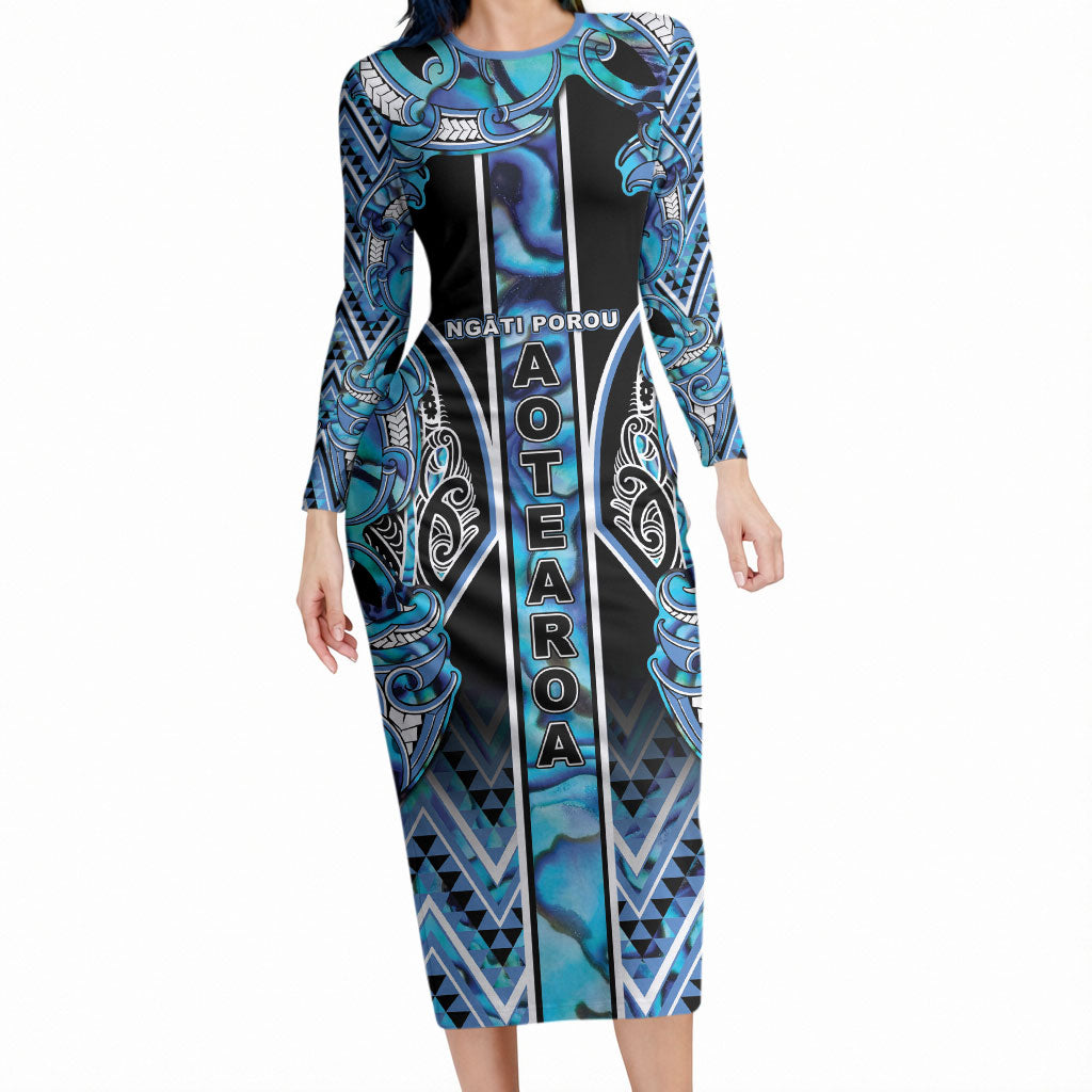 Aotearoa Ngati Porou Long Sleeve Bodycon Dress Maori Light Blue Tribal Paua Shell Pattern DT05 Long Dress Blue - Polynesian Pride