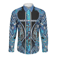 Aotearoa Ngati Porou Long Sleeve Button Shirt Maori Light Blue Tribal Paua Shell Pattern DT05 Unisex Blue - Polynesian Pride