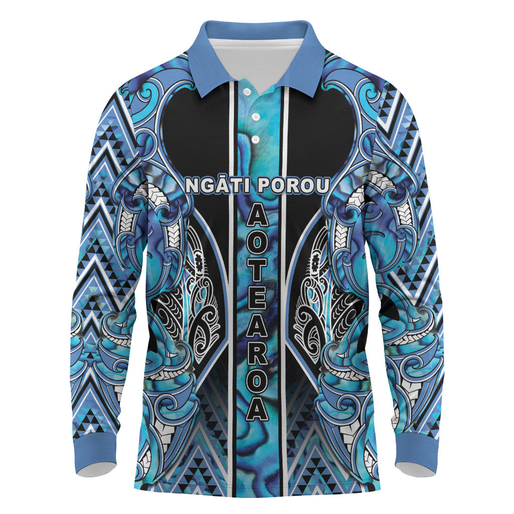 Aotearoa Ngati Porou Long Sleeve Polo Shirt Maori Light Blue Tribal Paua Shell Pattern DT05 Blue - Polynesian Pride