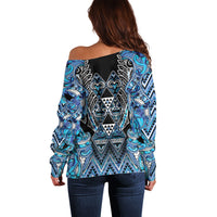 Aotearoa Ngati Porou Off Shoulder Sweater Maori Light Blue Tribal Paua Shell Pattern DT05 - Polynesian Pride