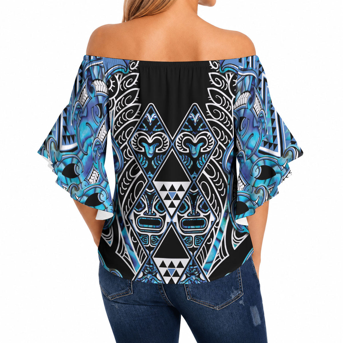Aotearoa Ngati Porou Off Shoulder Wrap Waist Top Maori Light Blue Tribal Paua Shell Pattern DT05 - Polynesian Pride