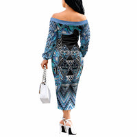 Aotearoa Ngati Porou Off The Shoulder Long Sleeve Dress Maori Light Blue Tribal Paua Shell Pattern DT05 - Polynesian Pride