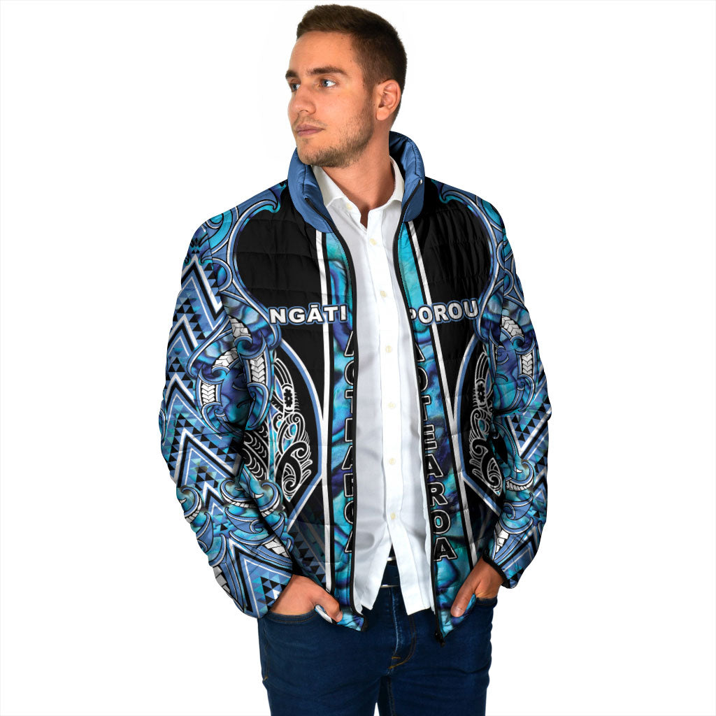 Aotearoa Ngati Porou Padded Jacket Maori Light Blue Tribal Paua Shell Pattern DT05 - Polynesian Pride