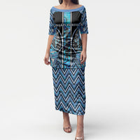 Aotearoa Ngati Porou Puletasi Maori Light Blue Tribal Paua Shell Pattern DT05 Long Dress Blue - Polynesian Pride