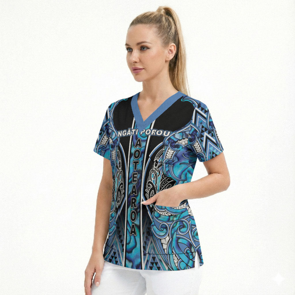Aotearoa Ngati Porou Scrub Top Maori Light Blue Tribal Paua Shell Pattern DT05 - Polynesian Pride