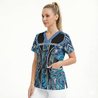 Aotearoa Ngati Porou Scrub Top Maori Light Blue Tribal Paua Shell Pattern DT05 - Polynesian Pride