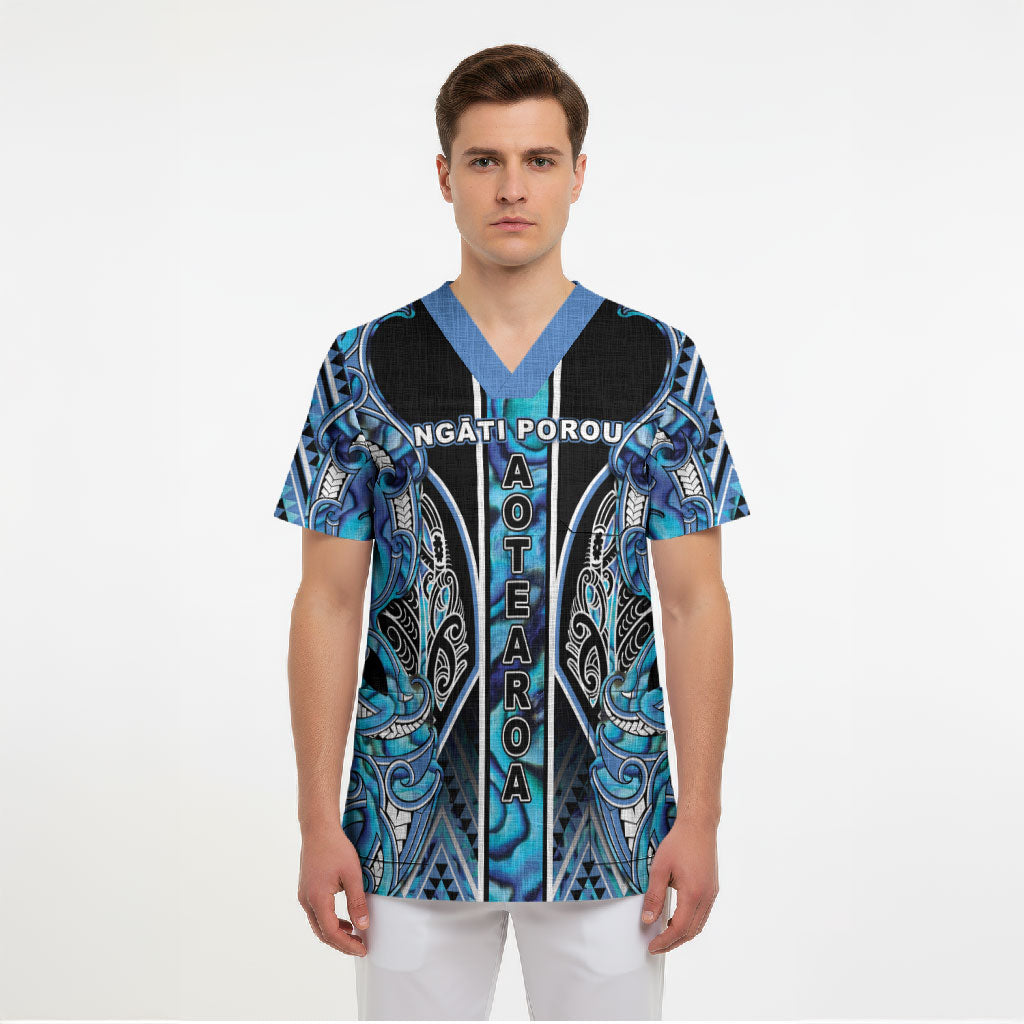 Aotearoa Ngati Porou Scrub Top Maori Light Blue Tribal Paua Shell Pattern DT05 - Polynesian Pride