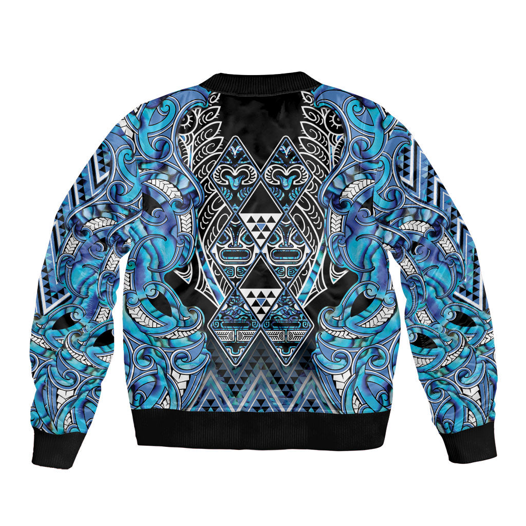 Aotearoa Ngati Porou Sleeve Zip Bomber Jacket Maori Light Blue Tribal Paua Shell Pattern DT05 - Polynesian Pride