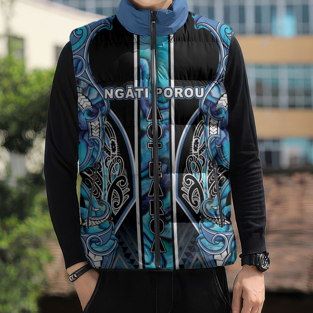 Aotearoa Ngati Porou Sleeveless Puffer Jacket Maori Light Blue Tribal Paua Shell Pattern DT05 - Polynesian Pride