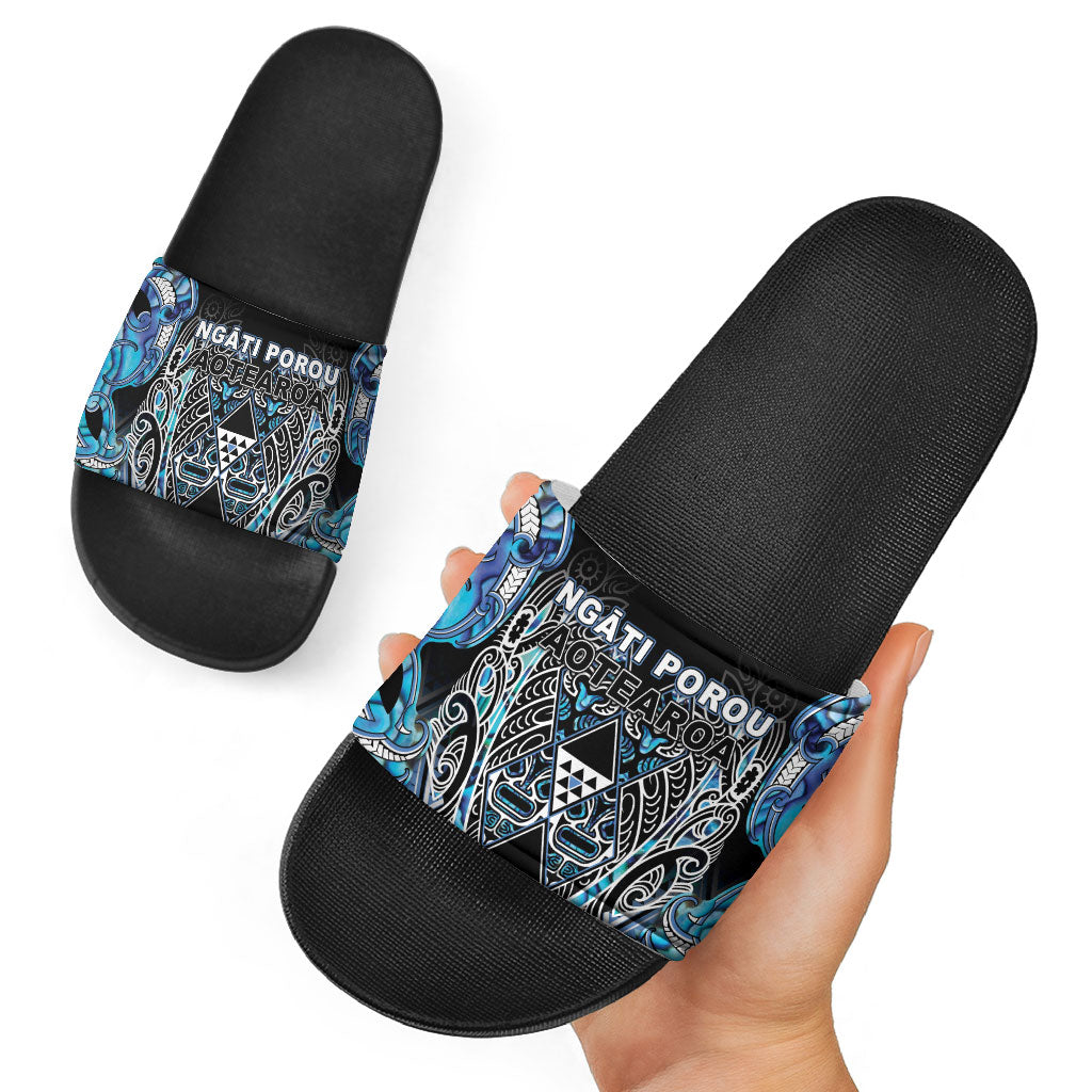 Aotearoa Ngati Porou Slide Sandals Maori Light Blue Tribal Paua Shell Pattern DT05 - Polynesian Pride