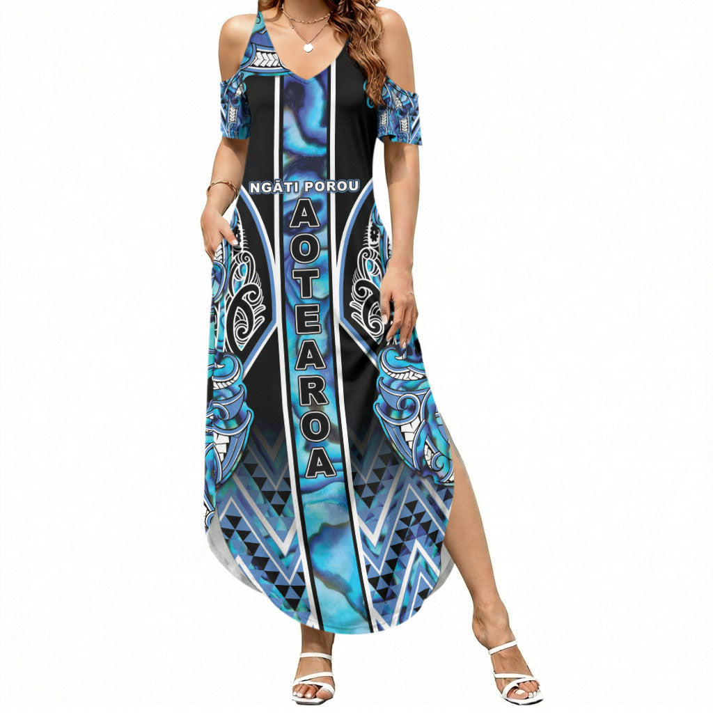 Aotearoa Ngati Porou Summer Maxi Dress Maori Light Blue Tribal Paua Shell Pattern DT05 Women Blue - Polynesian Pride