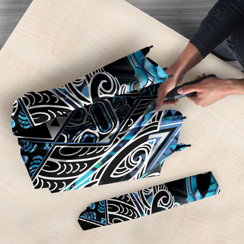 Aotearoa Ngati Porou Umbrella Maori Light Blue Tribal Paua Shell Pattern DT05 - Polynesian Pride