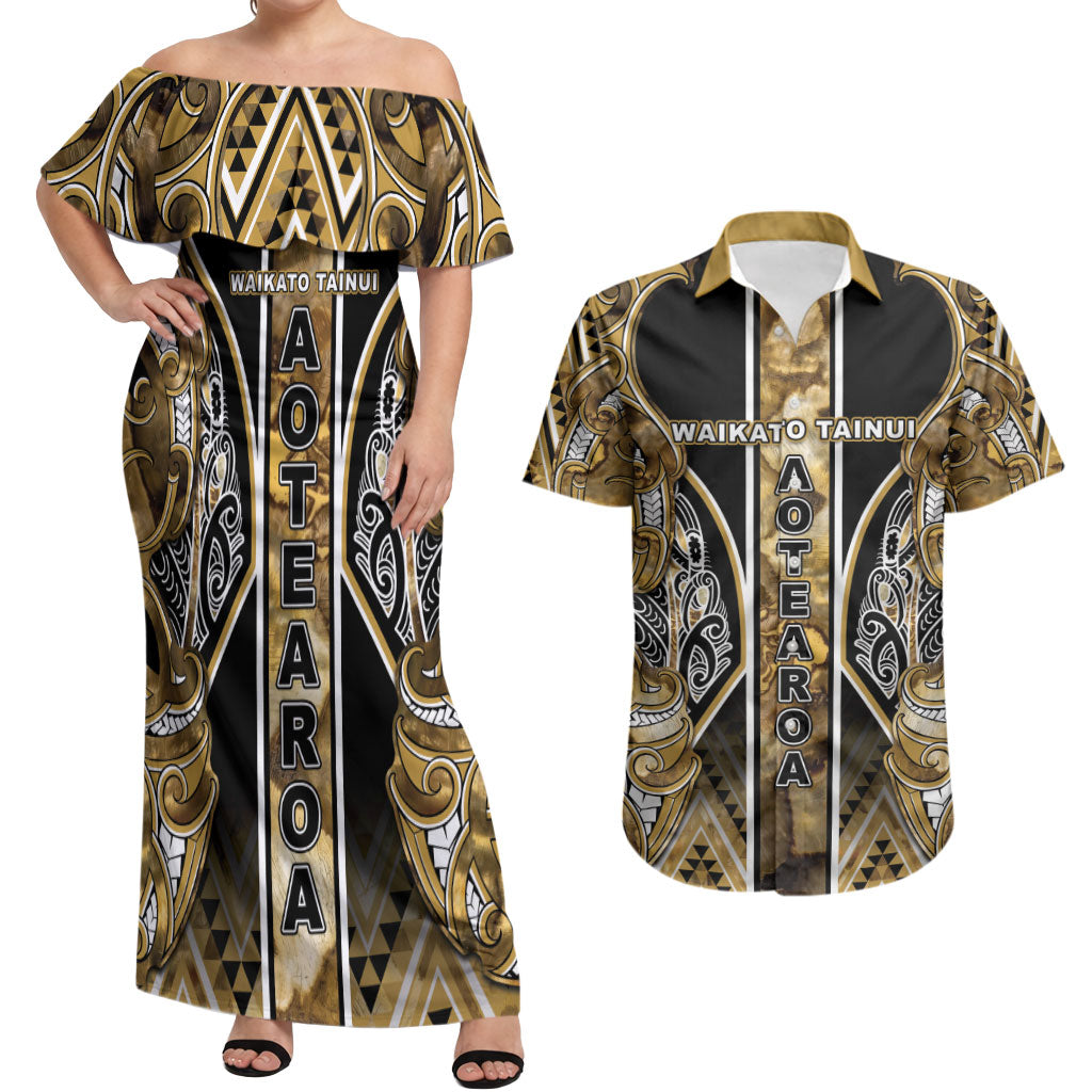 Aotearoa Waikato Tainui Couples Matching Off Shoulder Maxi Dress and Hawaiian Shirt Maori Light Gold Tribal Paua Shell Pattern DT05 Yellow - Polynesian Pride