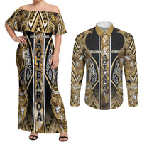 Aotearoa Waikato Tainui Couples Matching Off Shoulder Maxi Dress and Long Sleeve Button Shirt Maori Light Gold Tribal Paua Shell Pattern DT05 Yellow - Polynesian Pride