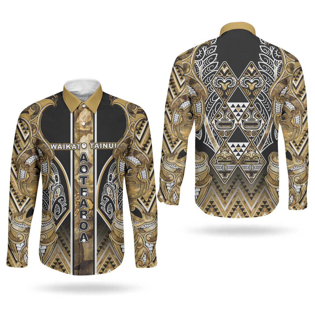 Aotearoa Waikato Tainui Couples Matching Off Shoulder Maxi Dress and Long Sleeve Button Shirt Maori Light Gold Tribal Paua Shell Pattern DT05 - Polynesian Pride