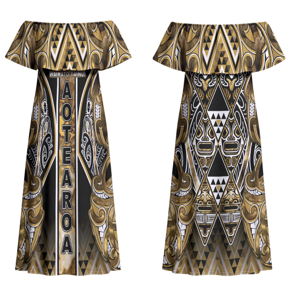 Aotearoa Waikato Tainui Couples Matching Off Shoulder Maxi Dress and Long Sleeve Button Shirt Maori Light Gold Tribal Paua Shell Pattern DT05 - Polynesian Pride
