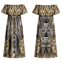 Aotearoa Waikato Tainui Couples Matching Off Shoulder Maxi Dress and Long Sleeve Button Shirt Maori Light Gold Tribal Paua Shell Pattern DT05 - Polynesian Pride