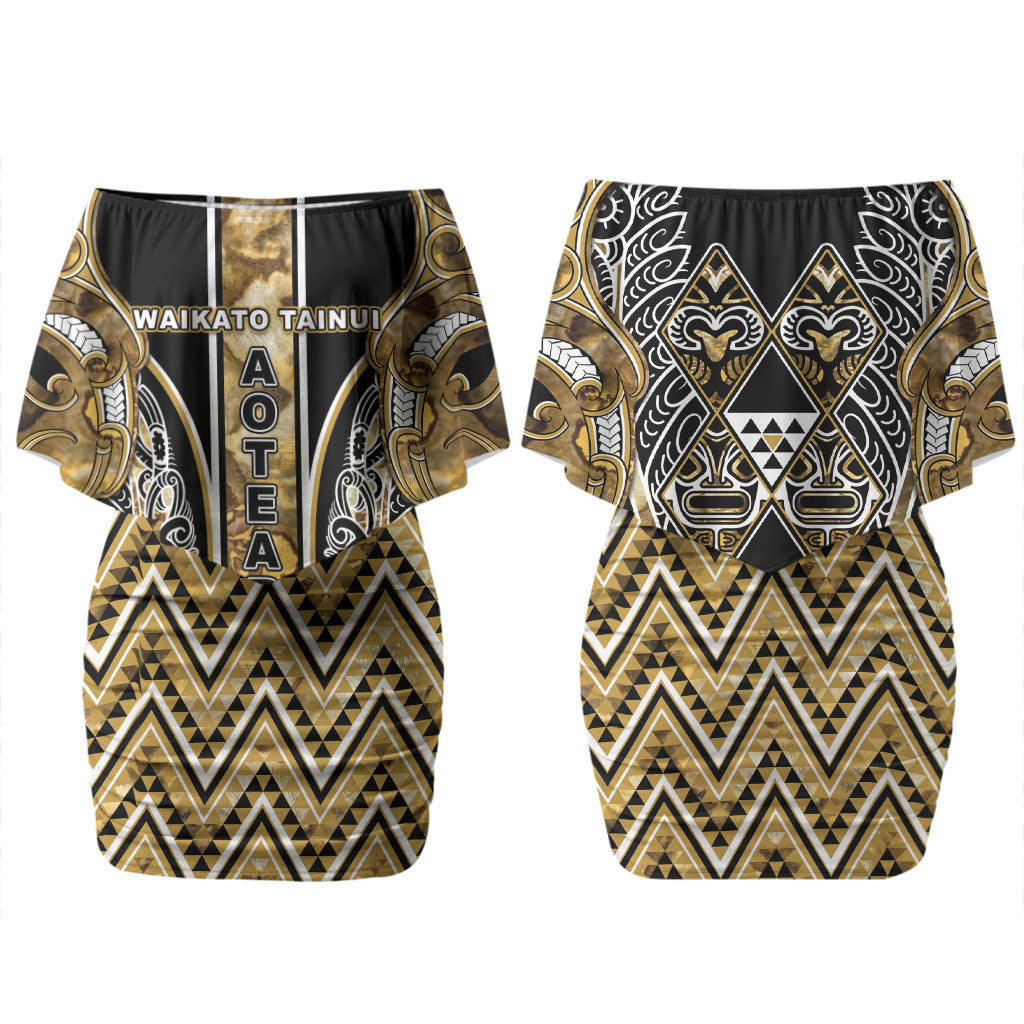 Aotearoa Waikato Tainui Couples Matching Off Shoulder Short Dress and Long Sleeve Button Shirt Maori Light Gold Tribal Paua Shell Pattern DT05 - Polynesian Pride