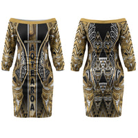 Aotearoa Waikato Tainui Couples Matching Off The Shoulder Long Sleeve Dress and Hawaiian Shirt Maori Light Gold Tribal Paua Shell Pattern DT05 - Polynesian Pride