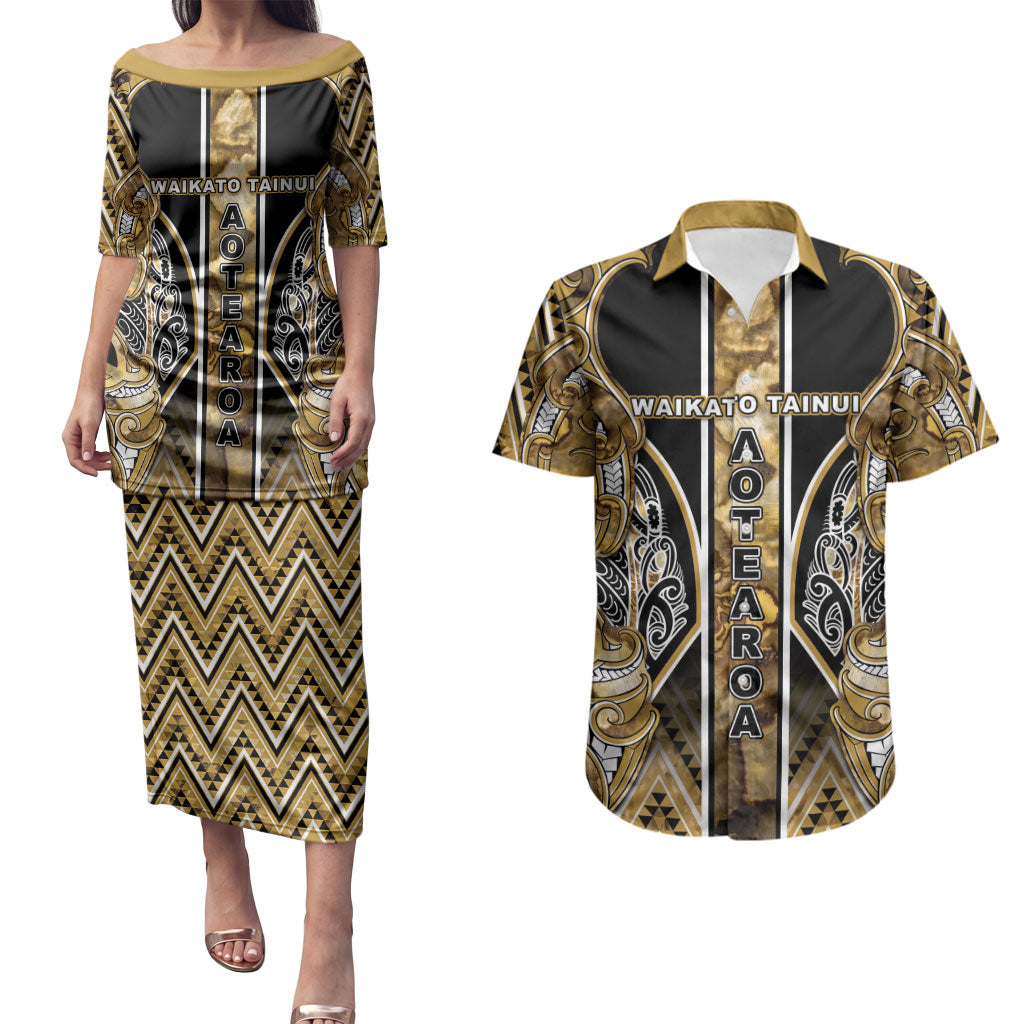 Aotearoa Waikato Tainui Couples Matching Puletasi and Hawaiian Shirt Maori Light Gold Tribal Paua Shell Pattern DT05 Yellow - Polynesian Pride