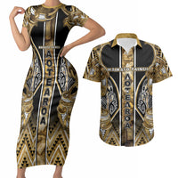 Aotearoa Waikato Tainui Couples Matching Short Sleeve Bodycon Dress and Hawaiian Shirt Maori Light Gold Tribal Paua Shell Pattern DT05 Yellow - Polynesian Pride