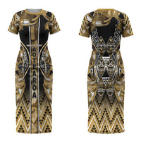 Aotearoa Waikato Tainui Couples Matching Short Sleeve Bodycon Dress and Hawaiian Shirt Maori Light Gold Tribal Paua Shell Pattern DT05 - Polynesian Pride