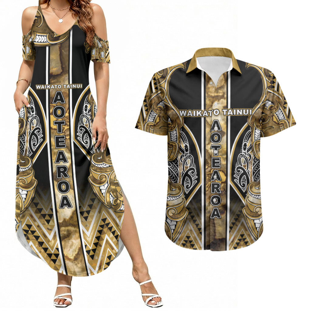 Aotearoa Waikato Tainui Couples Matching Summer Maxi Dress and Hawaiian Shirt Maori Light Gold Tribal Paua Shell Pattern DT05 Yellow - Polynesian Pride