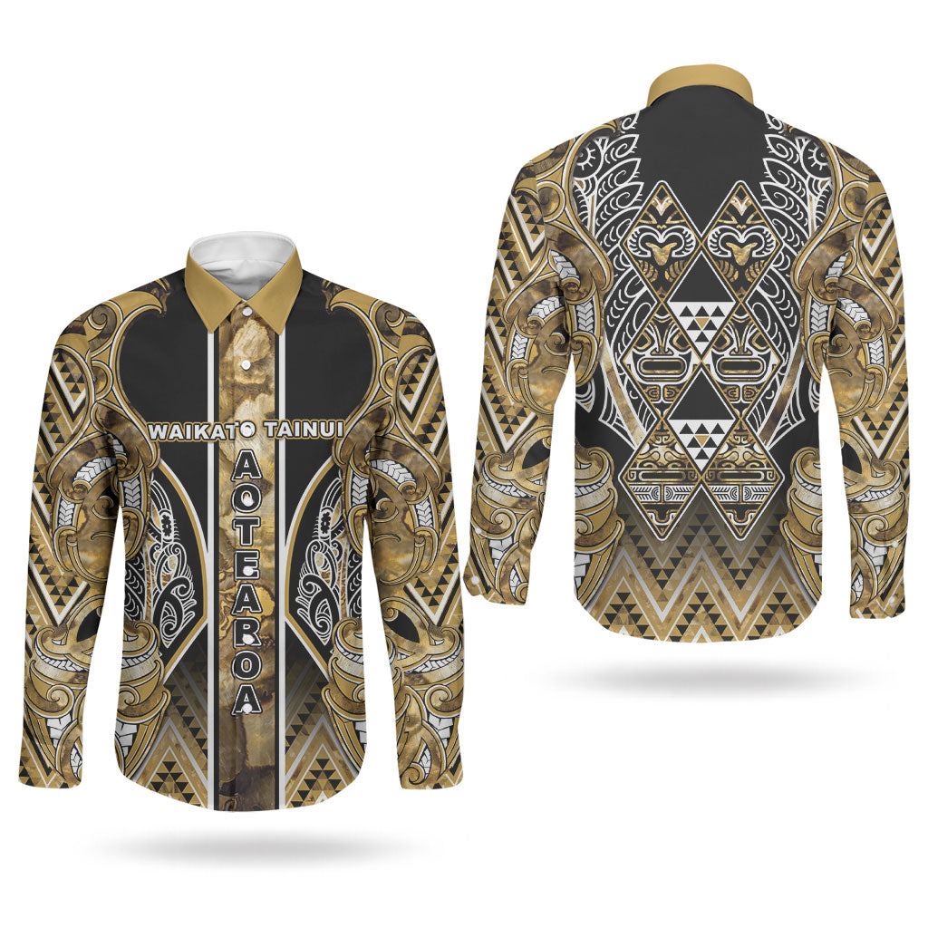 Aotearoa Waikato Tainui Couples Matching Summer Maxi Dress and Long Sleeve Button Shirt Maori Light Gold Tribal Paua Shell Pattern DT05 - Polynesian Pride