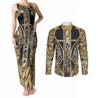 Aotearoa Waikato Tainui Couples Matching Tank Maxi Dress and Long Sleeve Button Shirt Maori Light Gold Tribal Paua Shell Pattern DT05 Yellow - Polynesian Pride