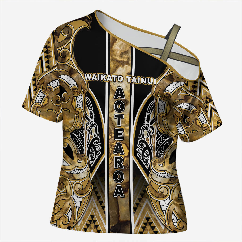 Aotearoa Waikato Tainui Cross Shoulder Shirt Maori Light Gold Tribal Paua Shell Pattern DT05 Female Yellow - Polynesian Pride