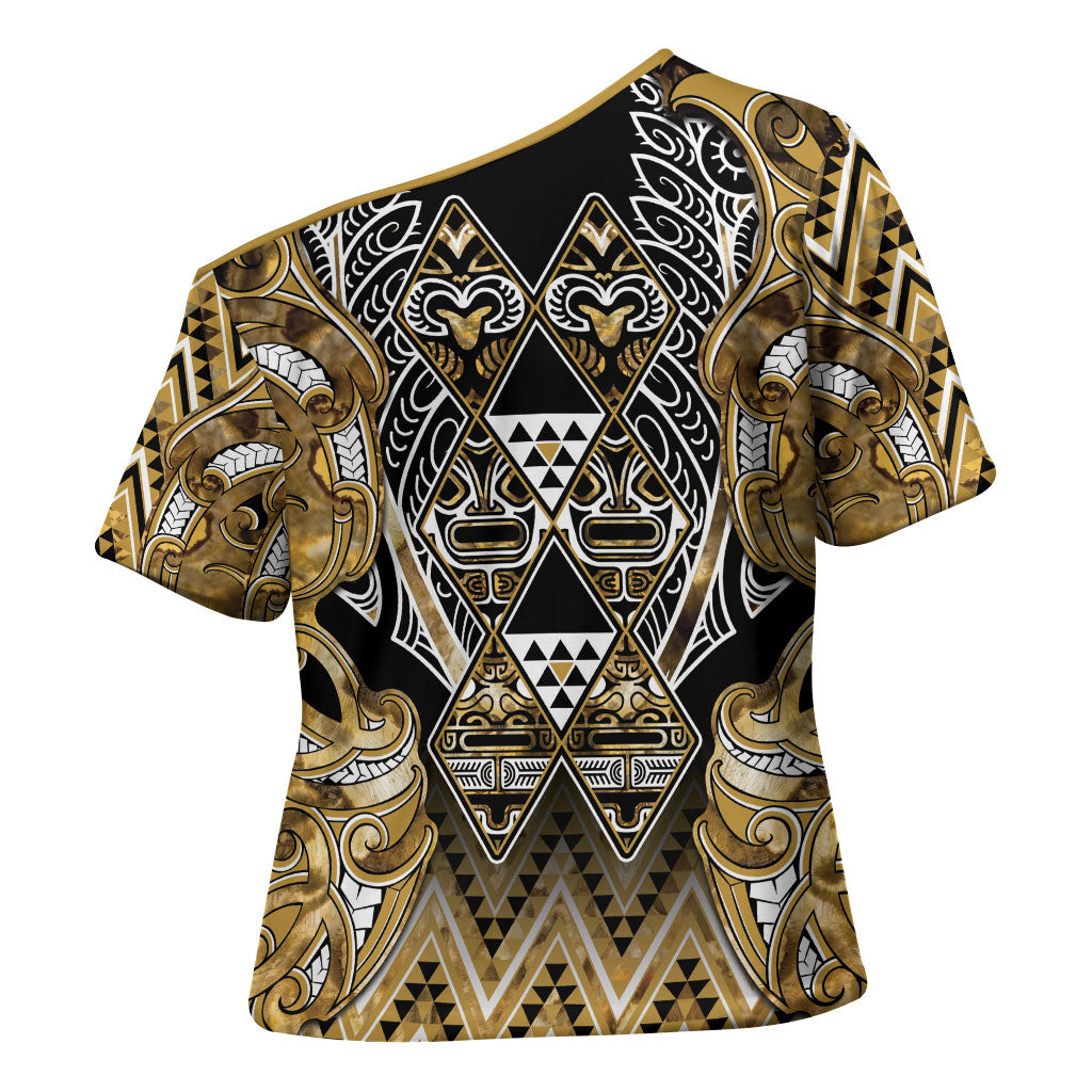 Aotearoa Waikato Tainui Cross Shoulder Shirt Maori Light Gold Tribal Paua Shell Pattern DT05 - Polynesian Pride