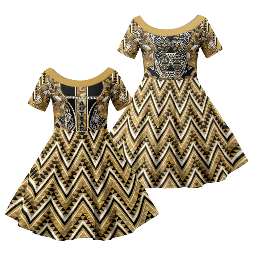 Aotearoa Waikato Tainui Family Matching Puletasi and Hawaiian Shirt Maori Light Gold Tribal Paua Shell Pattern DT05 Daughter's Dress Yellow - Polynesian Pride