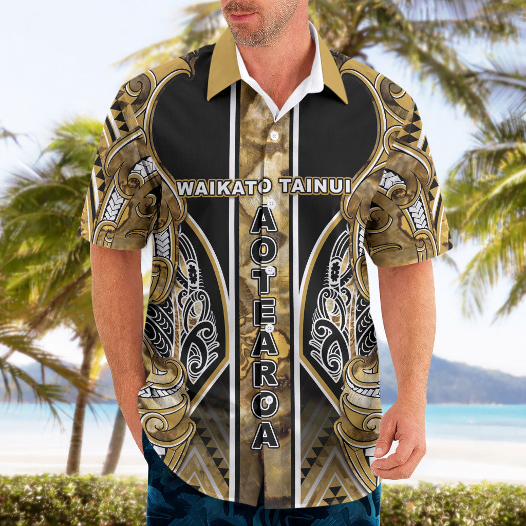 Aotearoa Waikato Tainui Hawaiian Shirt Maori Light Gold Tribal Paua Shell Pattern DT05 - Polynesian Pride