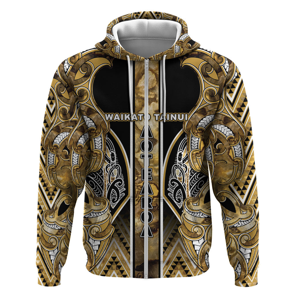 Aotearoa Waikato Tainui Hoodie Maori Light Gold Tribal Paua Shell Pattern DT05 Zip Hoodie Yellow - Polynesian Pride