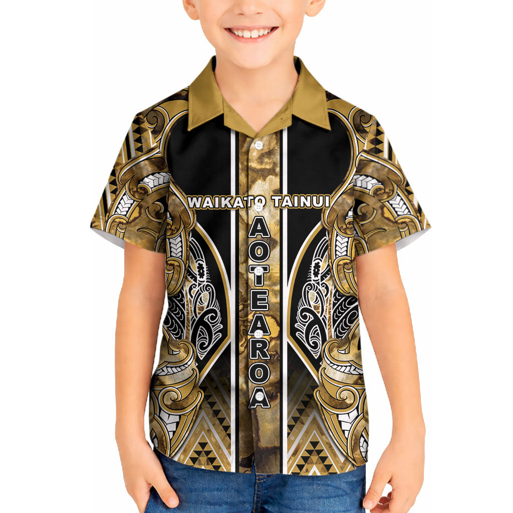 Aotearoa Waikato Tainui Kid Hawaiian Shirt Maori Light Gold Tribal Paua Shell Pattern DT05 Kid Yellow - Polynesian Pride