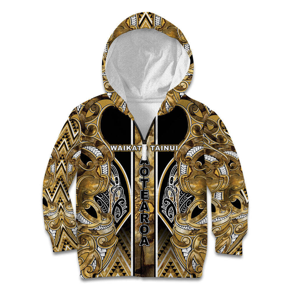 Aotearoa Waikato Tainui Kid Hoodie Maori Light Gold Tribal Paua Shell Pattern DT05 Zip Hoodie Yellow - Polynesian Pride
