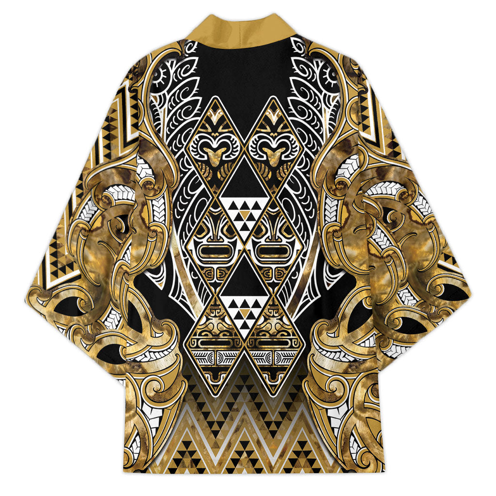 Aotearoa Waikato Tainui Kimono Maori Light Gold Tribal Paua Shell Pattern DT05 - Polynesian Pride