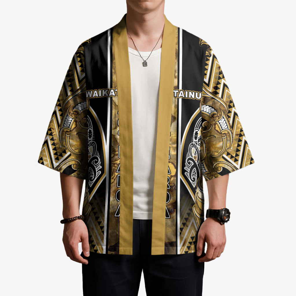 Aotearoa Waikato Tainui Kimono Maori Light Gold Tribal Paua Shell Pattern DT05 - Polynesian Pride