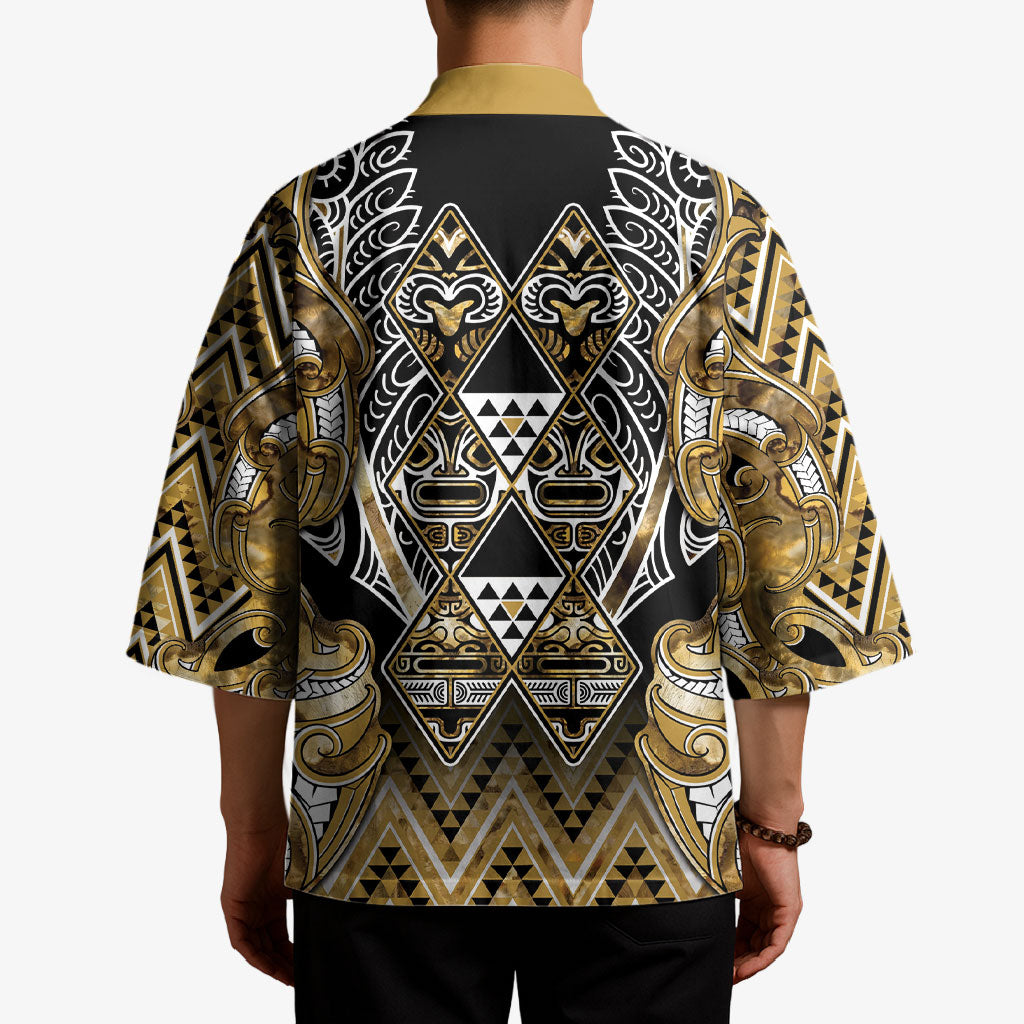 Aotearoa Waikato Tainui Kimono Maori Light Gold Tribal Paua Shell Pattern DT05 - Polynesian Pride