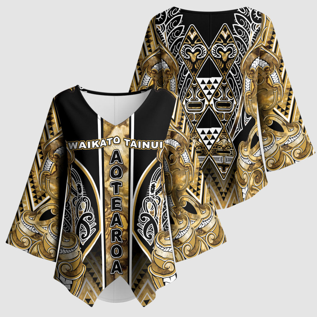 Aotearoa Waikato Tainui Kimono Sleeve Blouse Maori Light Gold Tribal Paua Shell Pattern DT05 - Polynesian Pride