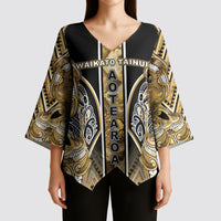 Aotearoa Waikato Tainui Kimono Sleeve Blouse Maori Light Gold Tribal Paua Shell Pattern DT05 - Polynesian Pride