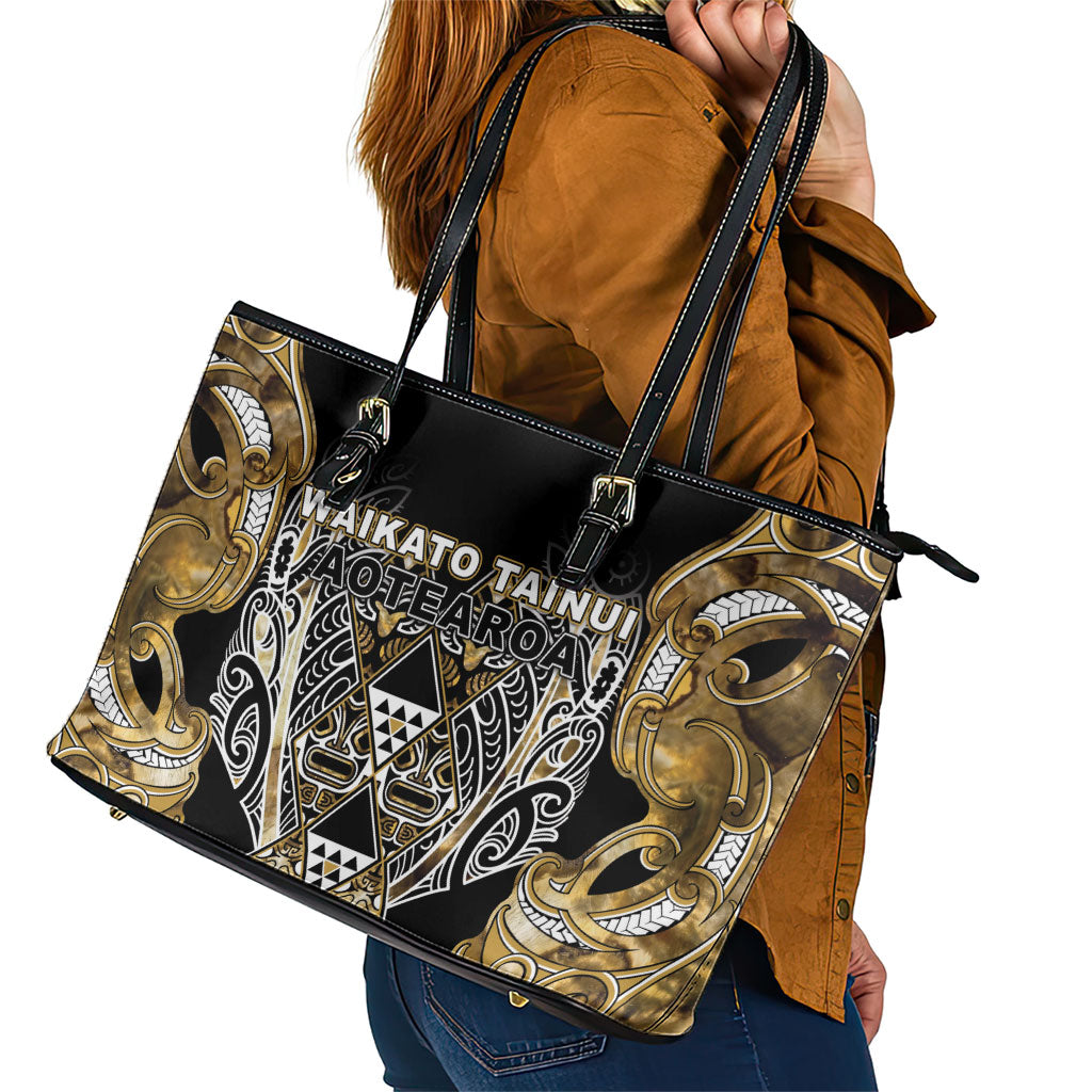 Aotearoa Waikato Tainui Leather Tote Bag Maori Light Gold Tribal Paua Shell Pattern DT05 - Polynesian Pride