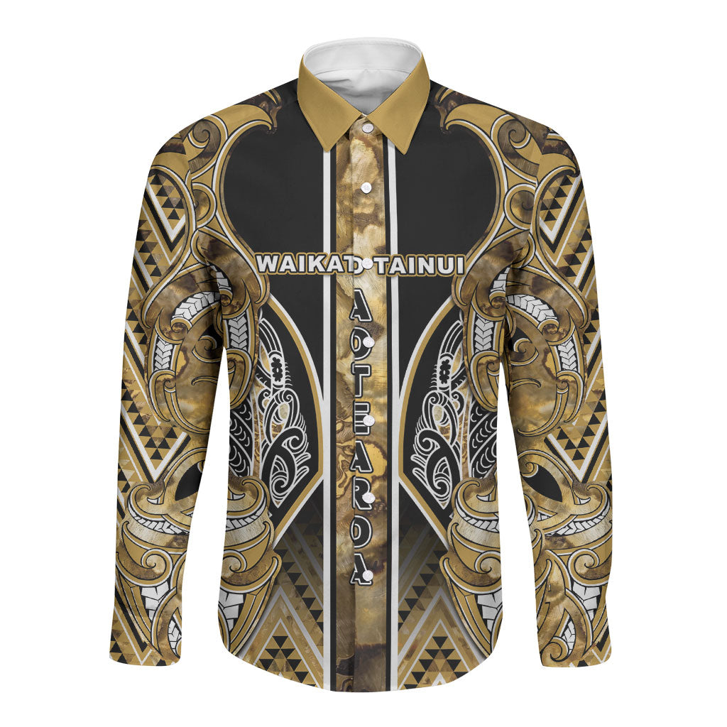 Aotearoa Waikato Tainui Long Sleeve Button Shirt Maori Light Gold Tribal Paua Shell Pattern DT05 Unisex Yellow - Polynesian Pride